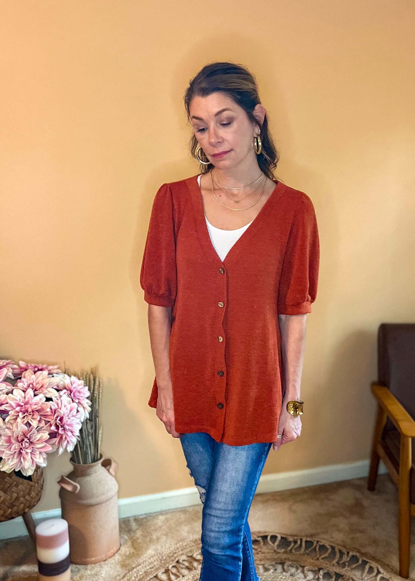 Always Better Together Top Shirts & Tops 1/2 sleeve, 1/2 sleeve top, button front, button top, clothing, knit top, shirring shoulder, shirts, shirts & tops, tops