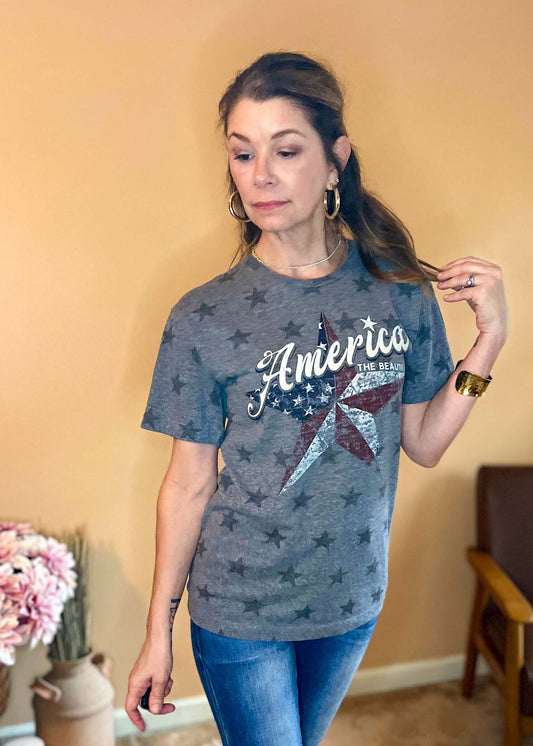 America the Beautiful Graphic Tee Shirts & Tops clothing, Graphic Tees, One24, patriotic graphic tees, sales collection, shirts & tops, star print graphic tee, tops, unisex fit graphic tee