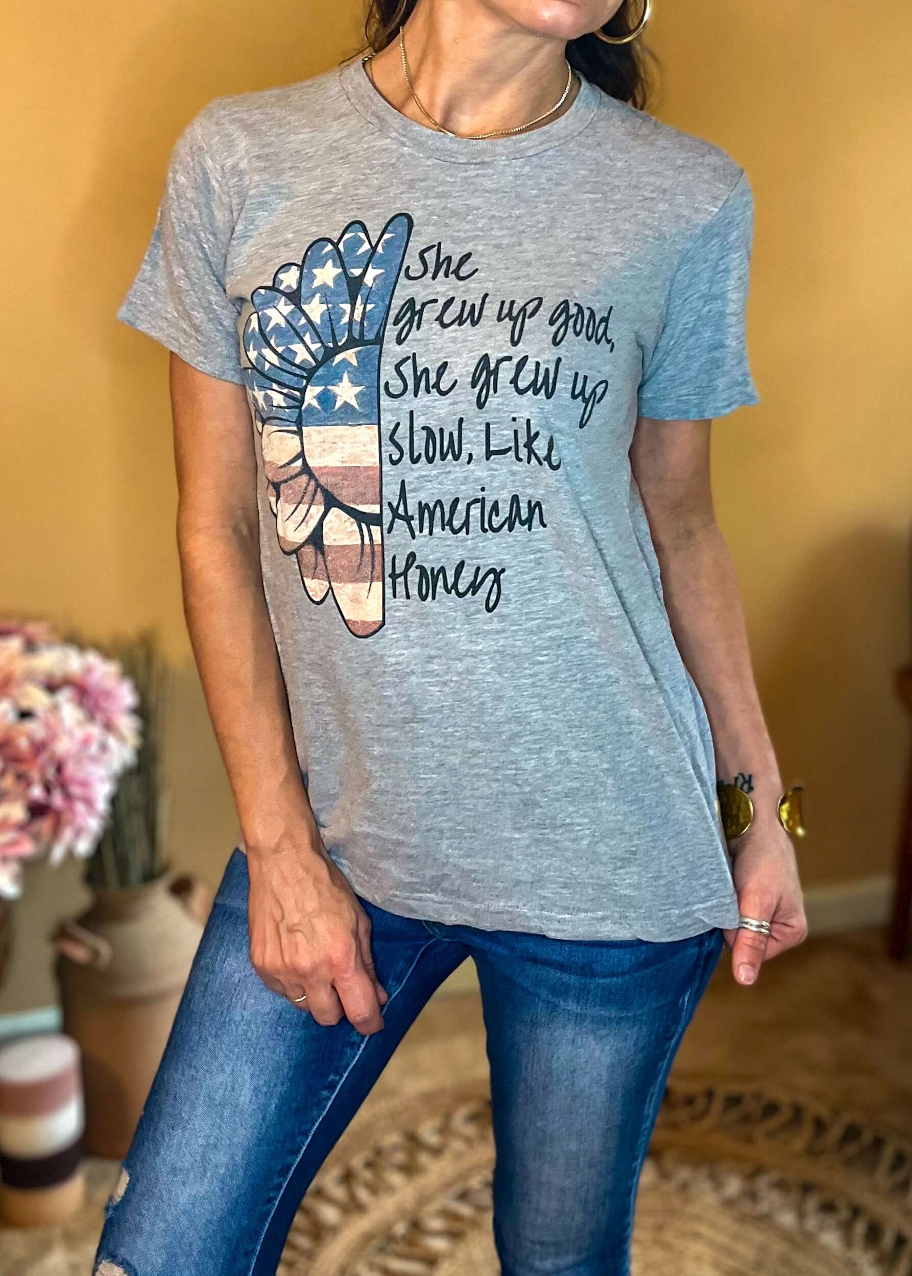 American Honey Graphic Tee Shirts & Tops American Honey, clothing, graphic tees, Lady A American Honey Lyrics, patriotic sunflower graphic tee, sales collection, shirts & tops, short sleeve, tops