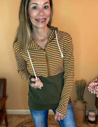 Shirts & Tops accent finger holes, Ampersand, Ampersand Avenue, Ampersand Half-Zip Sweatshirt, clothing, halfzip, Harvest Spice, hoodie, shirts & tops, stripes, sweatshirt, thumbholes, triple stretch, uniquely designed Size: Extra Small, Small, Medium, La