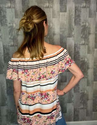 Shirts & Tops 100% Polyester, And the Why, clothing, fall tops, floral stripe print, floral stripe print off shoulder top, off shoulder option, off shoulder top, shirts, shirts & tops, short sleeve, stripe print, tops Size: Small, Medium, Large