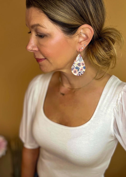Earrings autumn floral print earrings, earrings, genuine leather, leather earrings, mod miss, mod miss earrings, mod miss jewelry, teardrop earrings