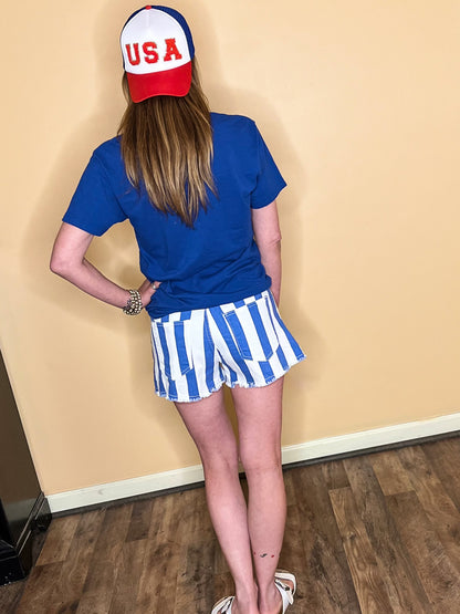 womens 80's style blue and white striped denim shorts