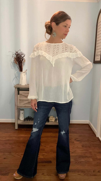 Shirts & Tops 100% Polyester, back keyhole, blouse, boho, clothing, crochet, crochet hollow out design, hollow-out, keyhole, lace, loose fit silhouette, ruffled, ruffled design, shirts, shirts & tops, top, white Size: Small, Medium, Large