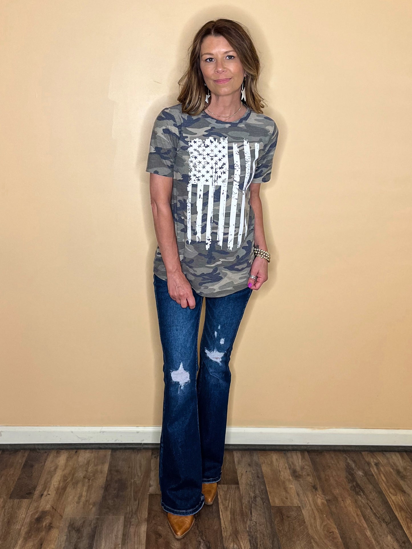 camouflage top round neckline with distressed american flag