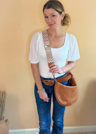 Two swappable straps: boho woven and vegan leather for versatile styling