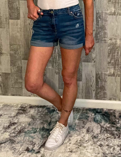 Shorts 73% Cotton 22% Polyester 3% Rayon 2% Spandex, blue wash, clothing, denim, denim shorts, distressed, folded hem, jeans, mid-rise, mid-rise denim shorts, shorts, zip fly, zip fly with button closure Size: Small, Meduim, Large