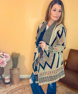 Cardigan Aztec print cardigan, clothing, wrap style cardigan Size: Small, Medium, Large