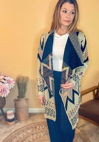 Cardigan Aztec print cardigan, clothing, wrap style cardigan Size: Small, Medium, Large