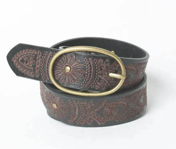 Belts 1.5" strap width, accessories, belts, camel belt, floral stitch, floral stitch oval buckle belt, oval buckle
