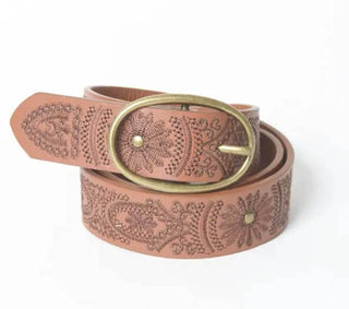 Belts 1.5" strap width, accessories, belts, camel belt, floral stitch, floral stitch oval buckle belt, oval buckle