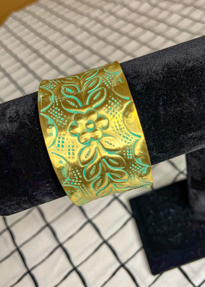 Gold Patina Flower Cuff Bracelet Bracelets accessories, apparel & accessories, cuff bracelet, etched floral design bracelet, jewelry, patina finish bracelet, sonora style bracelet, statement accessories, wide cuff bracelet