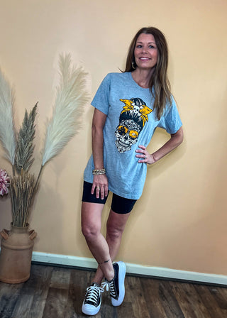 Grey tee with skull girl and Halloween designs graphic