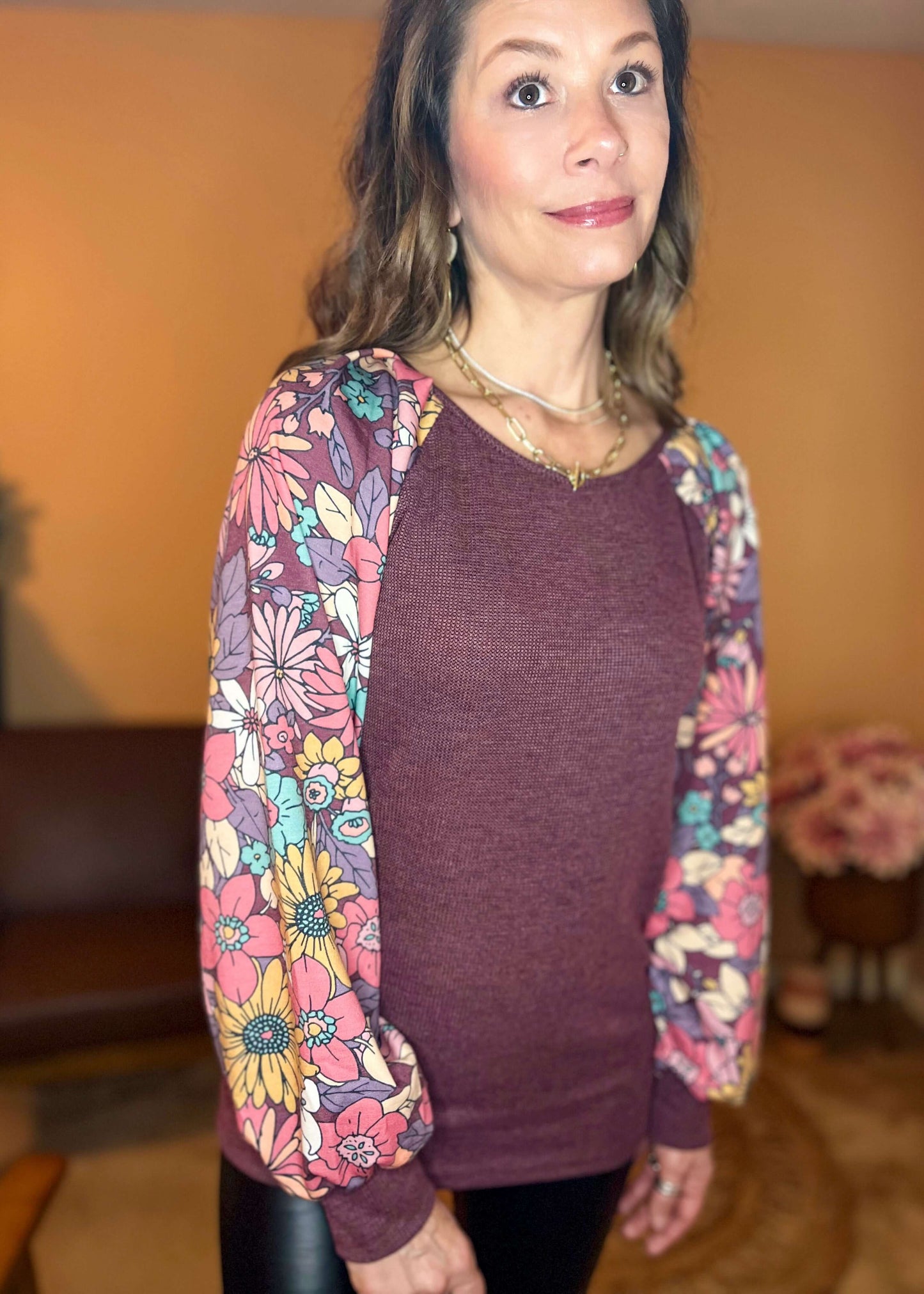 Front view of the Harmony Blooms Thermal Top in burgundy