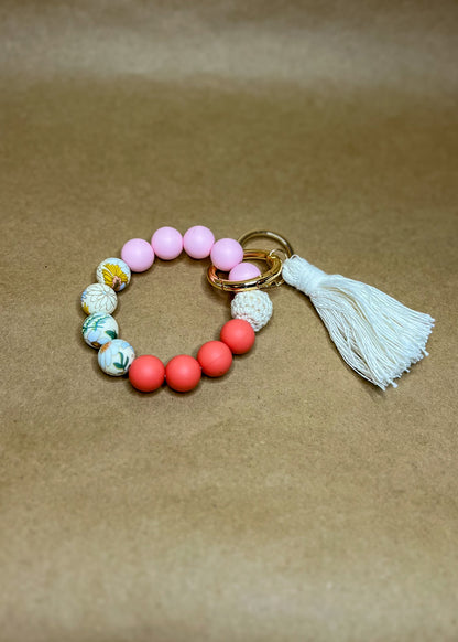 Beaded Wristlet Keychain with Tassel - Pink Floral