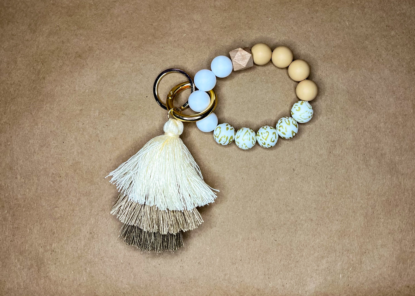 Beaded Wristlet Keychain with Ombre Tassel - White Leopard