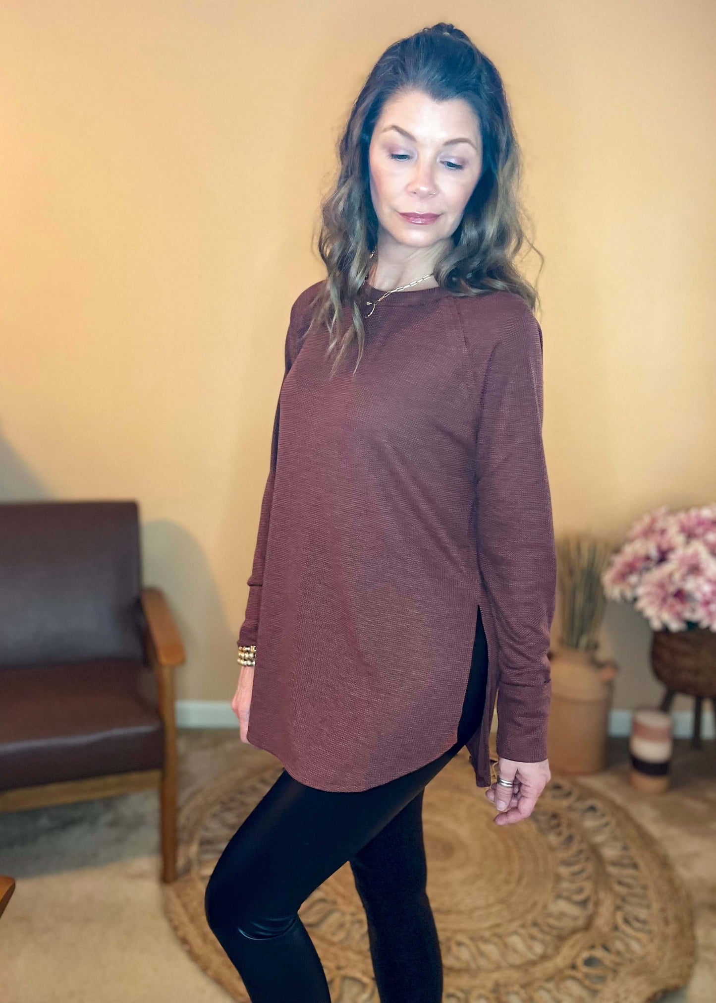 In the Moment Waffle Knit Top - Dark Rust Long Sleeves classic silhouette, clothing, long sleeve top with back patch, relaxed fit, round hem, round hemline, shirts & tops, top with side slits, waffle knit long sleeve top, zenana