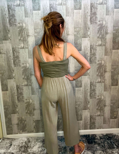 Jumpsuits & Rompers buttery fabric, clothing, dusty sage, fall colors, fall fashion, high waist, jumpsuit, Sage, side pockets, smocked top Size: Small, Medium, Large