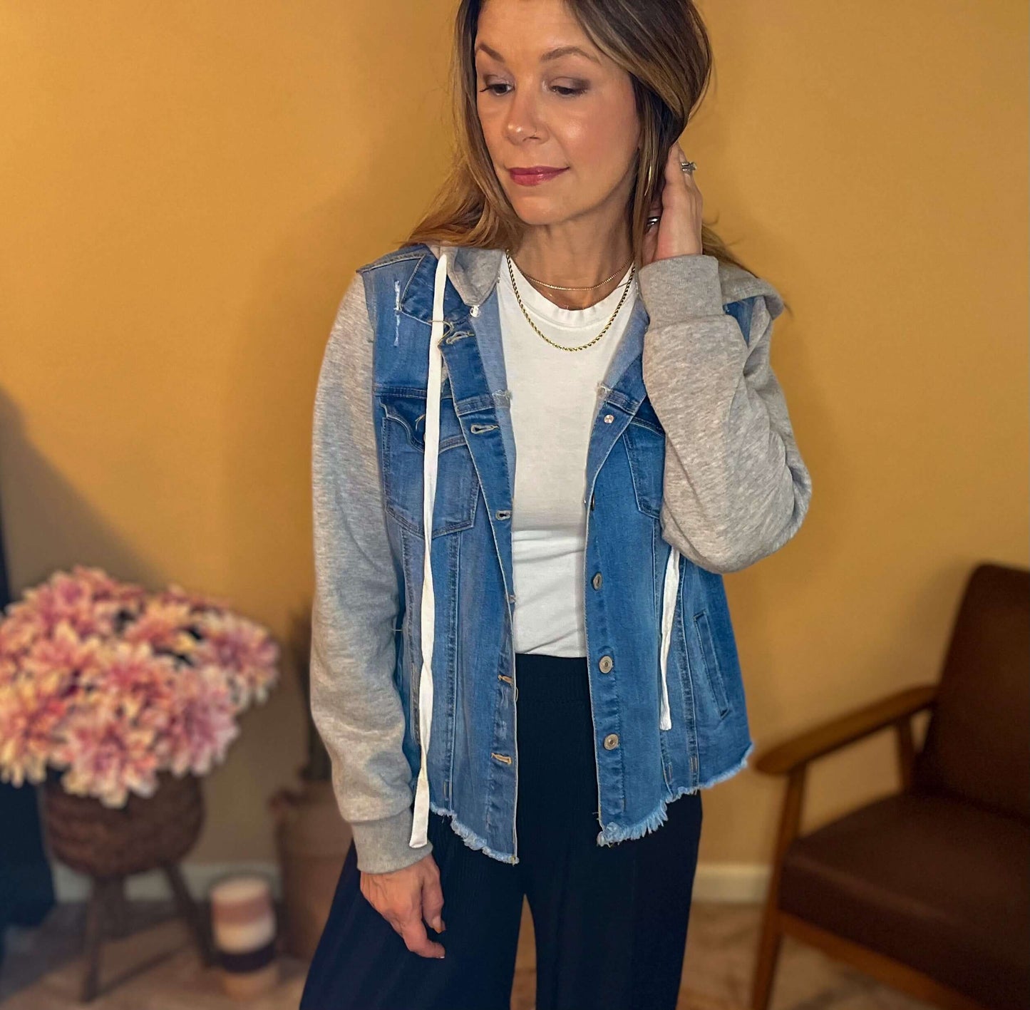Jean Jacket Boutiques with KanCan Jeans, button-zip fly, clothing, Denim, french terry denim, jean hodded jacket, jean jacket, KanCan, kancan denim jacket, kancan jean jacket, KanCan Jeans Boutique, KanCan USA, women's hooded denim jacket Size: Small, Med