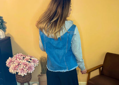 Jean Jacket Boutiques with KanCan Jeans, button-zip fly, clothing, Denim, french terry denim, jean hodded jacket, jean jacket, KanCan, kancan denim jacket, kancan jean jacket, KanCan Jeans Boutique, KanCan USA, women's hooded denim jacket Size: Small, Med
