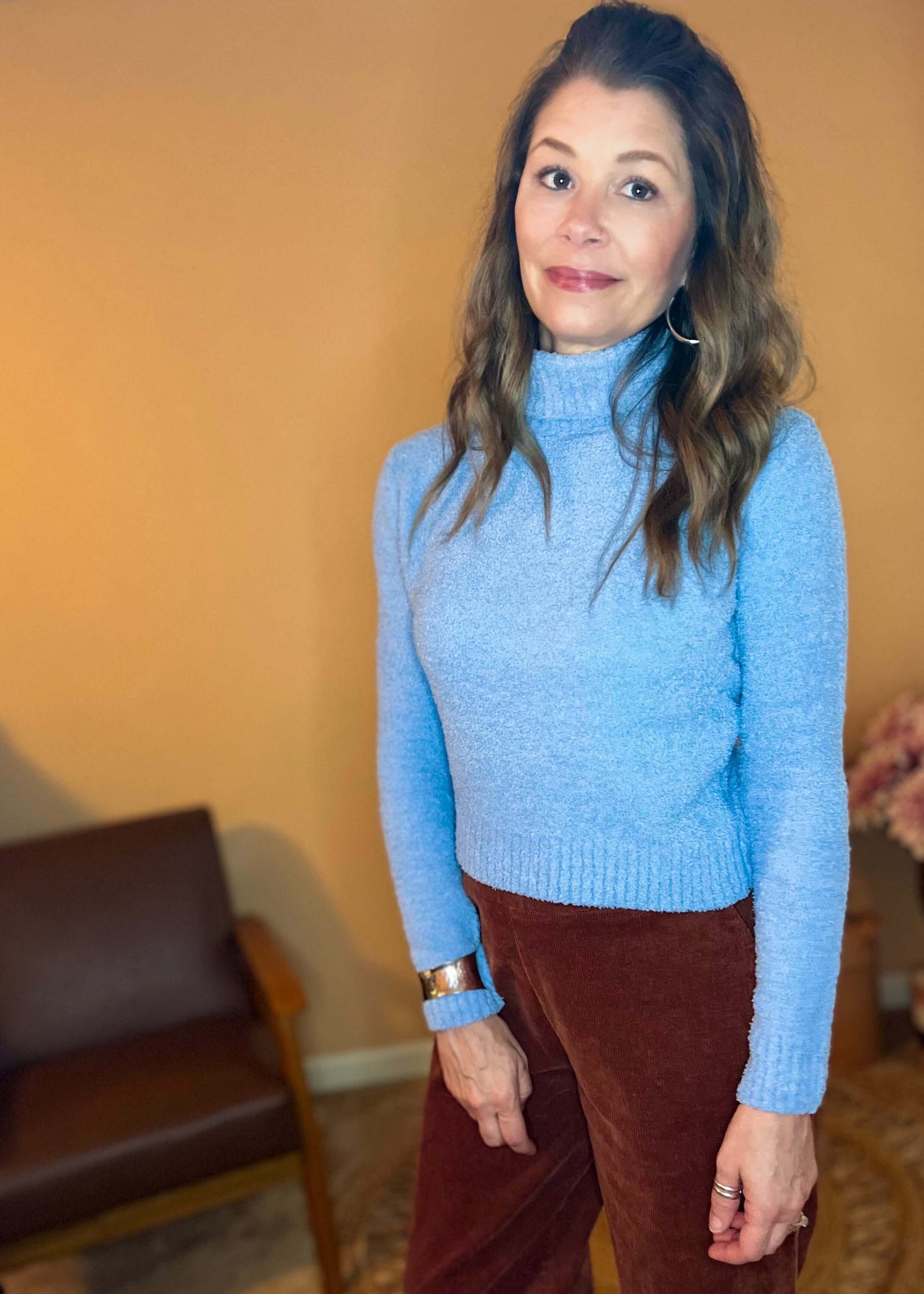 Let it Be Turtleneck Sweater - Light Blue Sweater clothing, flattering fit, fluffy sweater, long sleeve turtleneck sweater, ribbed cuff, ribbed hem, ribbedd neck, shirts & tops