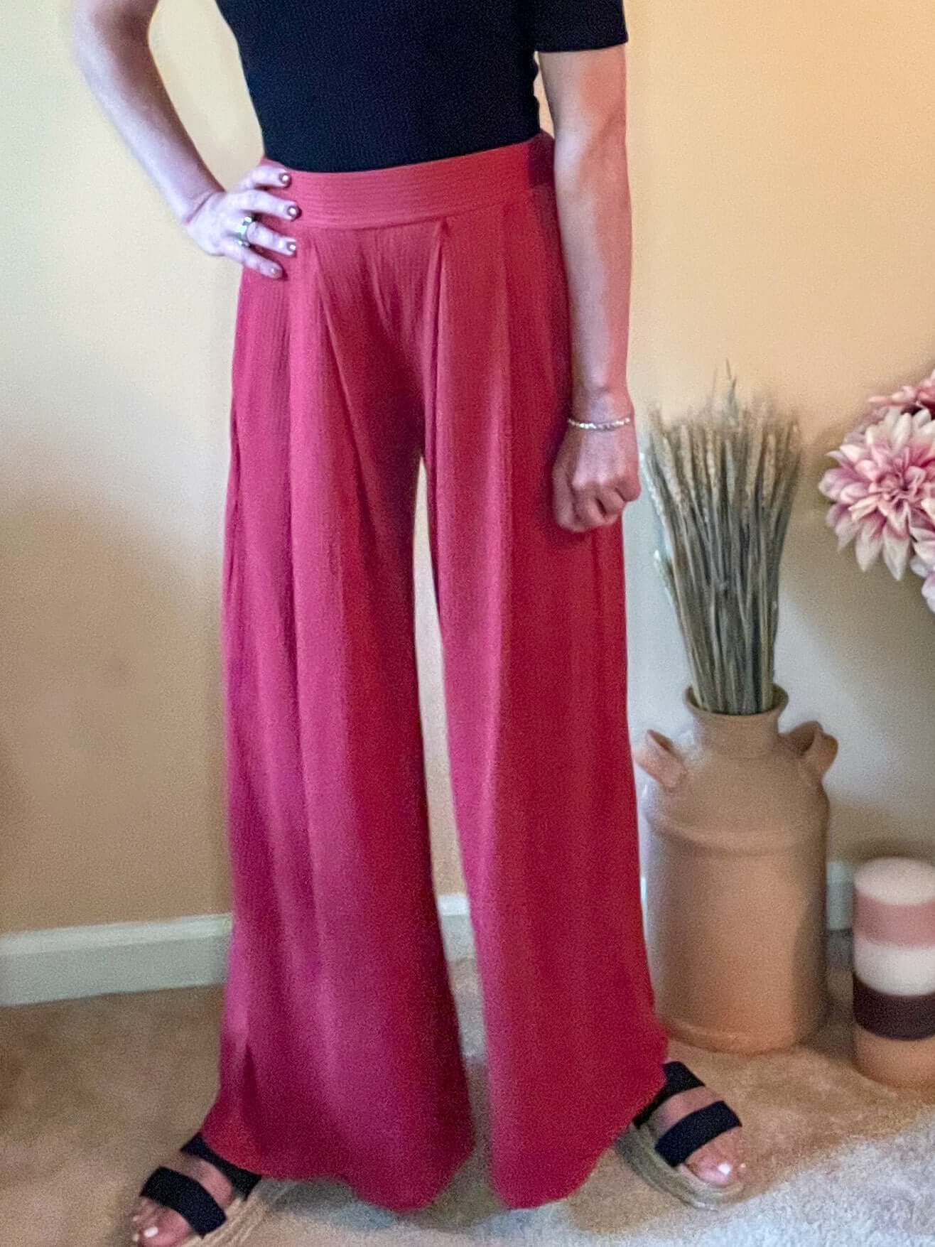 Wide Leg Pants clothing, elastic waist pant, high rise pants, Lookin' Chic Wide Leg Pants, pleated front, Resort style pants, ribbed pants, soft ribbed fabric, wide leg pants Size: Small, Medium, Large, XL