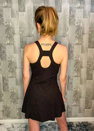 Dresses 2 in 1 dress, active dress, athletic, built in biker shorts with pockets, butter soft fabric, clothing, dress, dress with built in shorts wiht pockets, racerback, racerback detail, racerback tennis dress, removable brac cups, tennis romper dress,