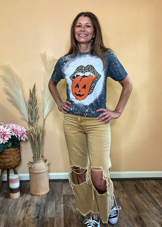 Dark grey bleached tee with leopard mouth and pumpkin tongue graphic