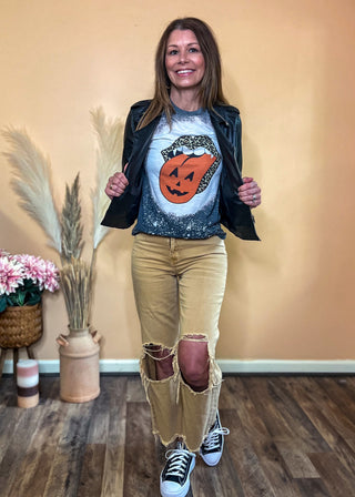 Halloween-themed graphic tee with spooky leopard print