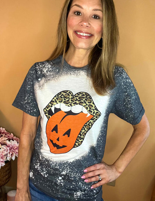 Shirts & Tops clothing, Fangs graphic tee, graphic tees, Halloween graphics, leopard print lips, pumkin tongue graphic tee, pumpkin tongue, shirts & tops, tops Size: Small, Medium, Large, Extra Large