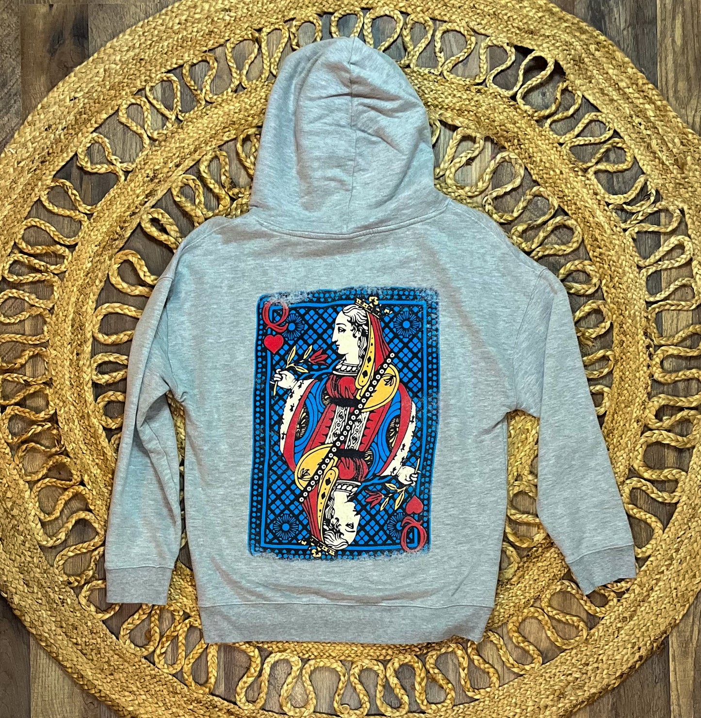 Queen of hearts card graphic on back hoodie