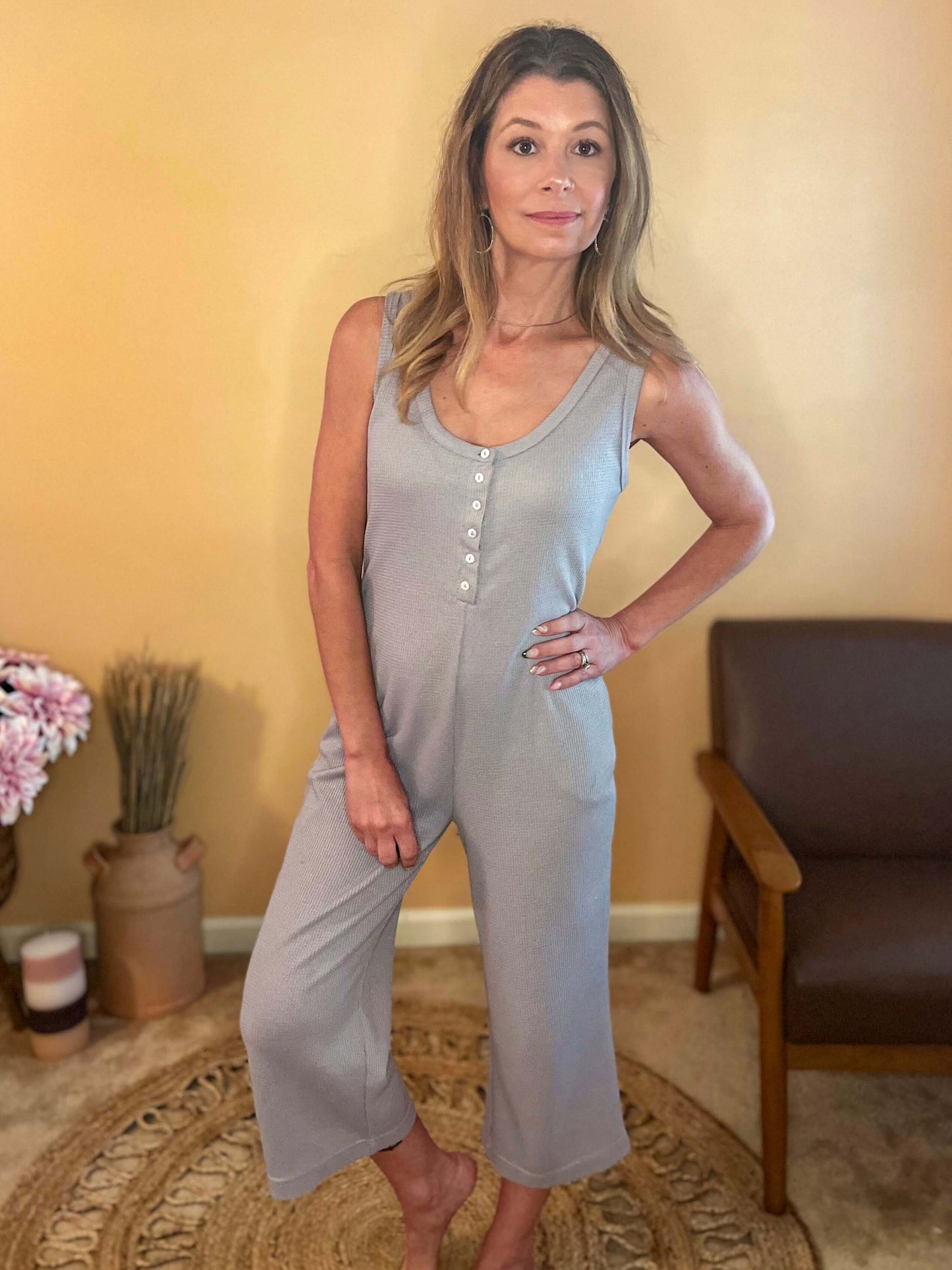 Jumpsuits & Rompers clothing, comfort, gray, jumpsuit, lightweight thermal jumpsuit, loungewear, Relaxing on a Sunday, sleeveless, thermal, wide leg Size: Small, Meduim, Large