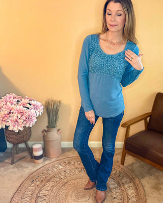 Shirts & Tops clothing, crochet detailing, crochet long sleeve top, crochet neckline, round hemline, shirts & tops, soft stretch knit, square neckline Size: Small, Medium, Large, XL, 2XL, 3XL