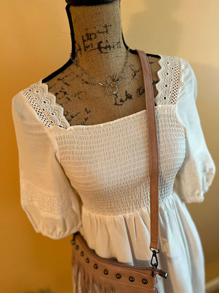 white summer dress with eyelet detailing