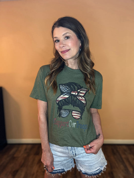 messy bun support our troops graphic tee