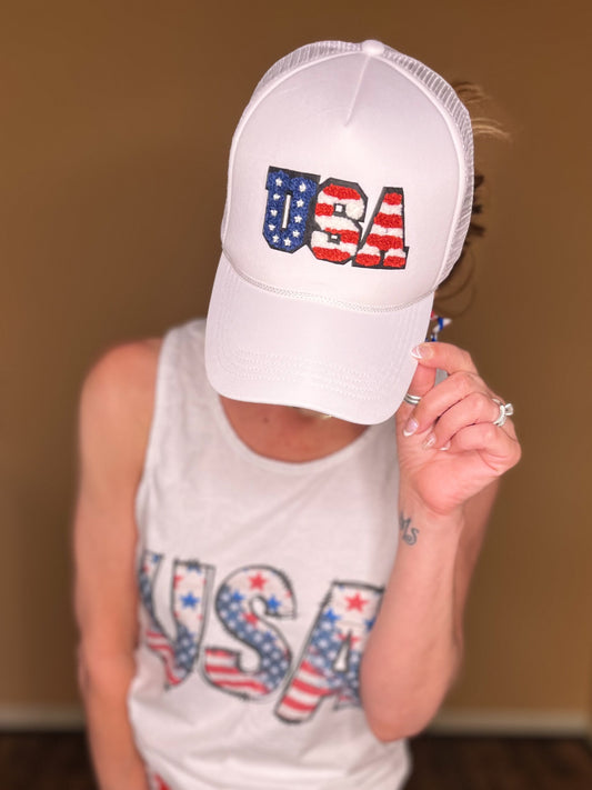 trucker hat with usa letter flag patch
