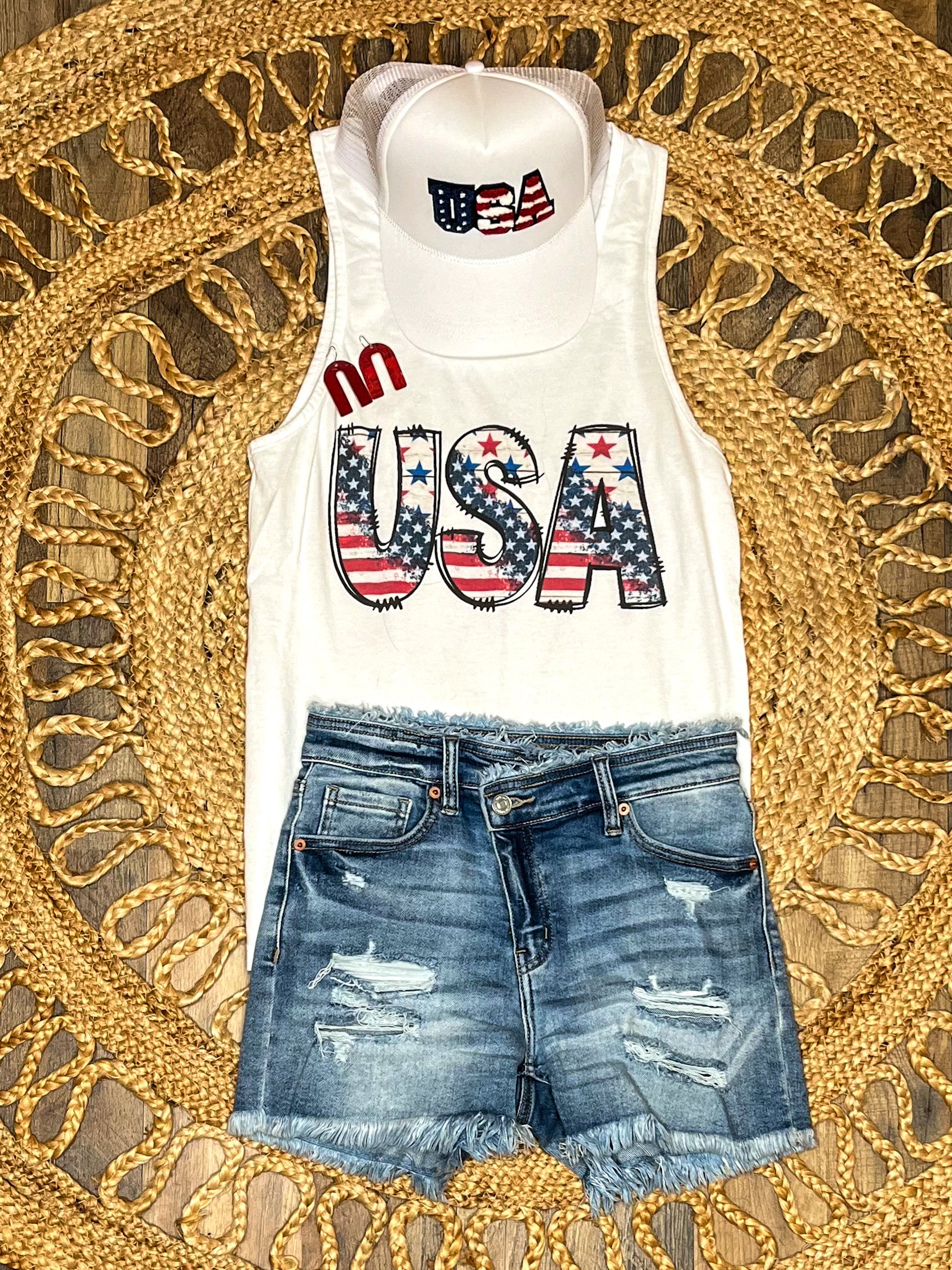 patriotic outfit with trucker hat