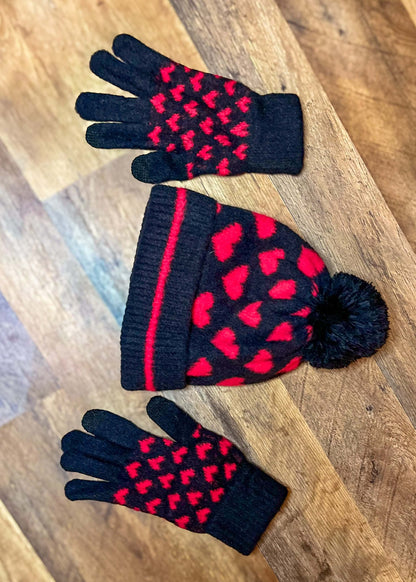 Black Beanie and Gloves with Red Hearts