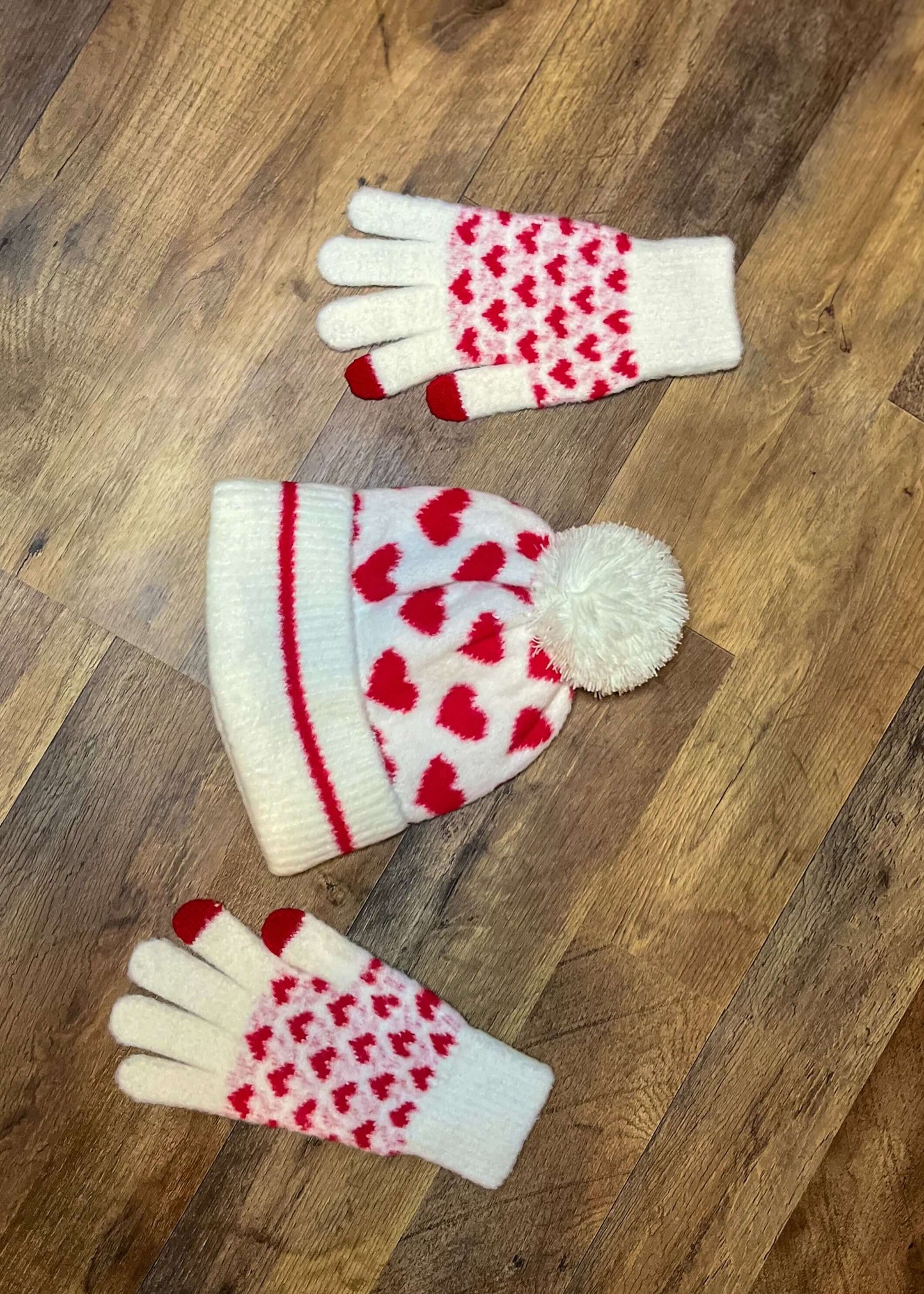 Beanie and Glove Set with Cute Red Heart Pattern
