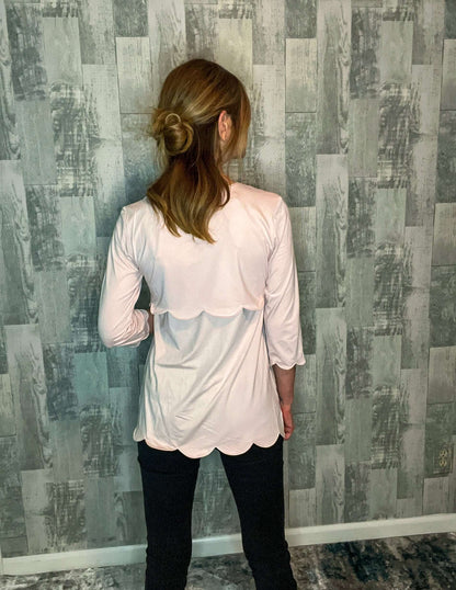Shirts & Tops 3/4 length sleeve top, 3/4 length top, Classy & Fabulous, clothing, fall tops, layered scallop hem top, pale pink top, scallop hem, scallop hem top, shirts, shirts & tops, tops Size: Small, Medium, Large