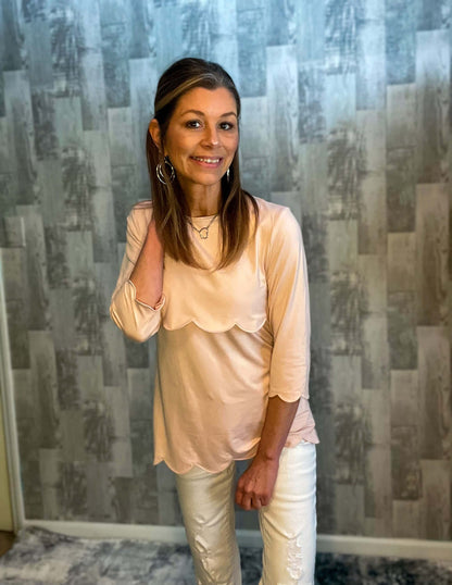Shirts & Tops 3/4 length sleeve top, 3/4 length top, Classy & Fabulous, clothing, fall tops, layered scallop hem top, pale pink top, scallop hem, scallop hem top, shirts, shirts & tops, tops Size: Small, Medium, Large