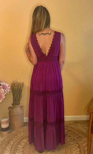 Dresses clothing, dress, dresses, lace detail, lace trim, lace trim dress, lined dress, maxi dress, maxi length, sleeveless, sleeveless dress, tierred dress, tierred skirt, v neck, v neck dress, zippered back Size: Small, Medium, Large