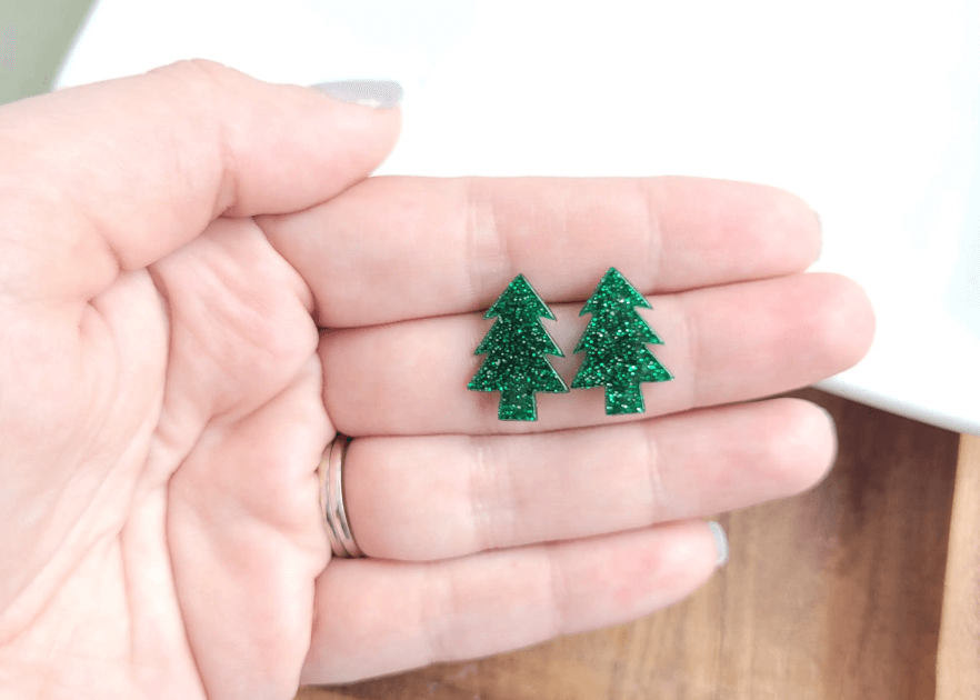 Earrings acrylic earrings, Christmas, Christmas earrings, christmas tree earrings, earrings, glitter detail, glitter earrings, hypoallergenic stainless steel posts