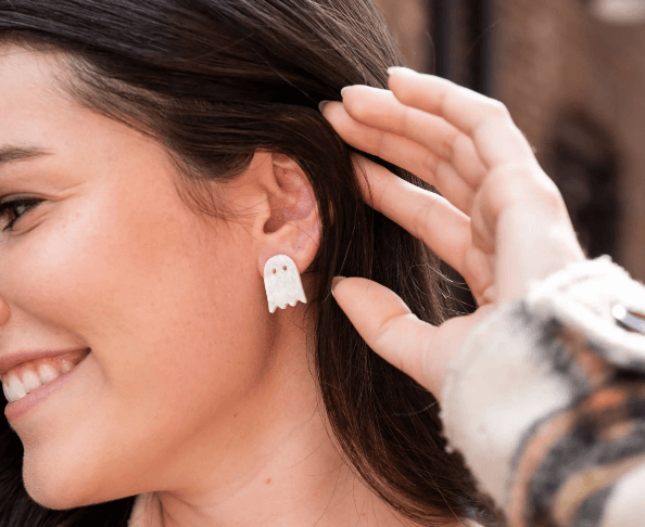 Earrings acrylic earrings, earrings, ghost studs earrings, glitter detail, glitter earrings, halloween earrings, hypoallergenic stainless steel posts