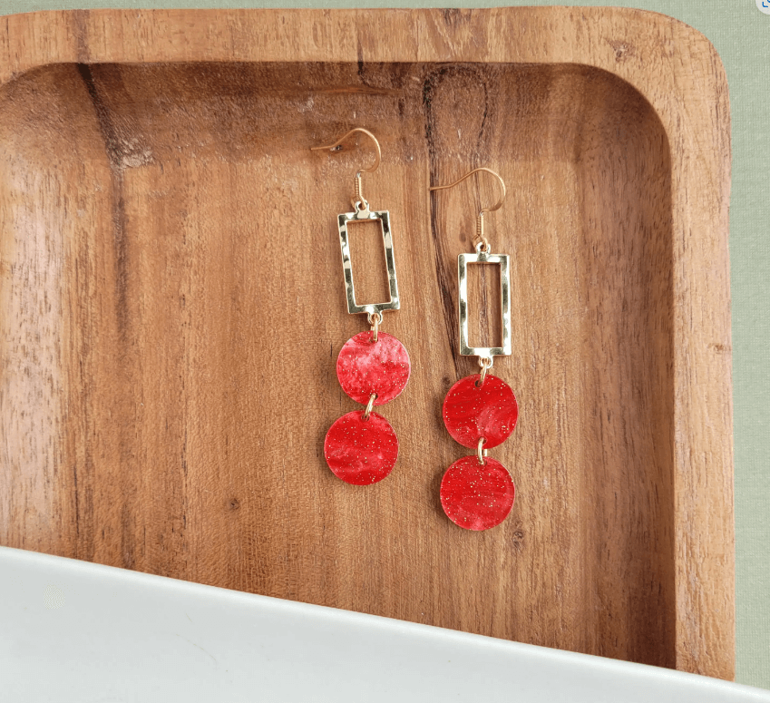 earrings accessories, accessory, acrylic earrings, apparel & accessories, earrings, gold-plated hypoallergenic stainless steel posts, gold-plated posts, gold-plated stainless steel posts, hypoallergenic stainless steel posts, red shimmer earrings