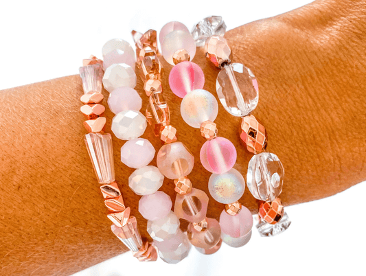 Bracelets 5 separate bracelets, 7', accessories, bracelet, bracelet stack, braceletbeautiful sparkle, crystal beads, crystal glass beads, glass beads, hematite, jewelry, one size, Pink bracelet, Pink delight bracelet stack, Regular Size, savvy bling
