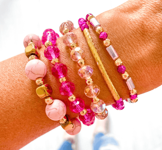 Bracelets 5 separate bracelets, 7', accessories, bracelet, bracelet stack, braceletbeautiful sparkle, crystal beads, crystal glass beads, glass beads, hematite, jewelry, one size, Pink bracelet, Pink Flamingo bracelet stack, Regular Size, savvy bling