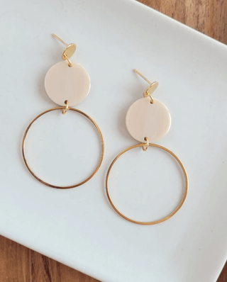 Earrings accessories, acrylic charm, earrings, gold-plated circle charm, gold-plated posts, gold-plated stainless steel posts, Sadie Earrings, Sadie Earrings - Linen, Spiffy & Splendid