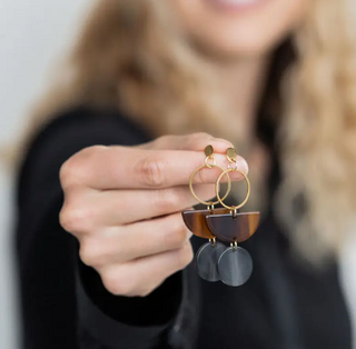 Earrings accessories, acrylic, acrylic earrings, earrings, gold-plated posts, gold-plated stainless steel posts, Spiffy & Splendid, Wren Earrings, Wren Earrings - Walnut & Black