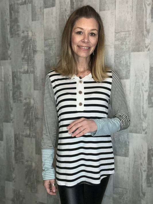 Henley Top clothing, henley top, shirts, shirts & tops, stripe, stripe detail, stripe henley, striped top, stripes Size: Small, Medium, Large, XL